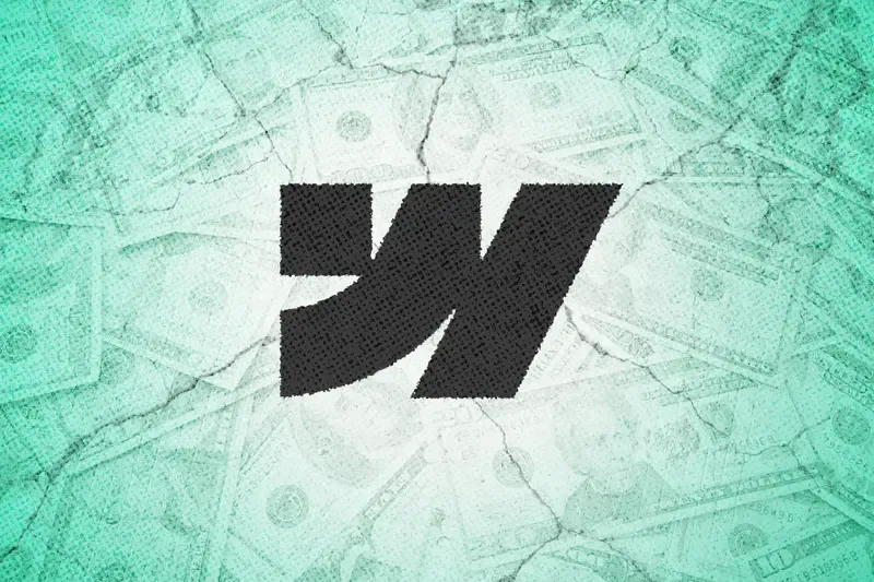 The webflow logo surrounded by stacks of money and cracks.